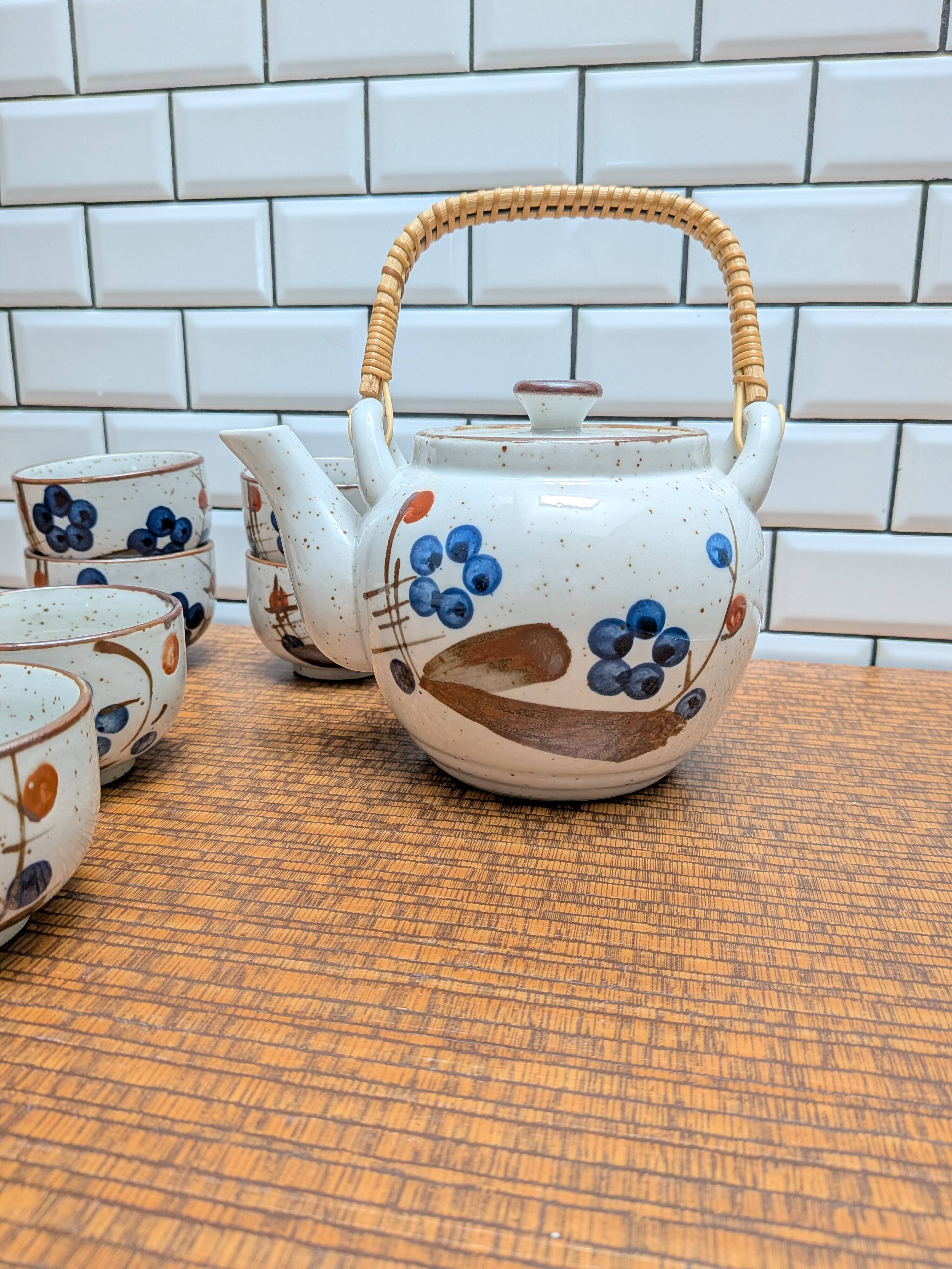 Japanese tea service stoneware bamboo teapot 6 cups 70s hand-painted blueberry