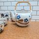 Japanese tea service stoneware bamboo teapot 6 cups 70s hand-painted blueberry