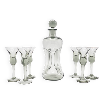 Carafe et verres à liqueur en verre fumé gris de Holmegaard Danemark, années 1950, lot de 7