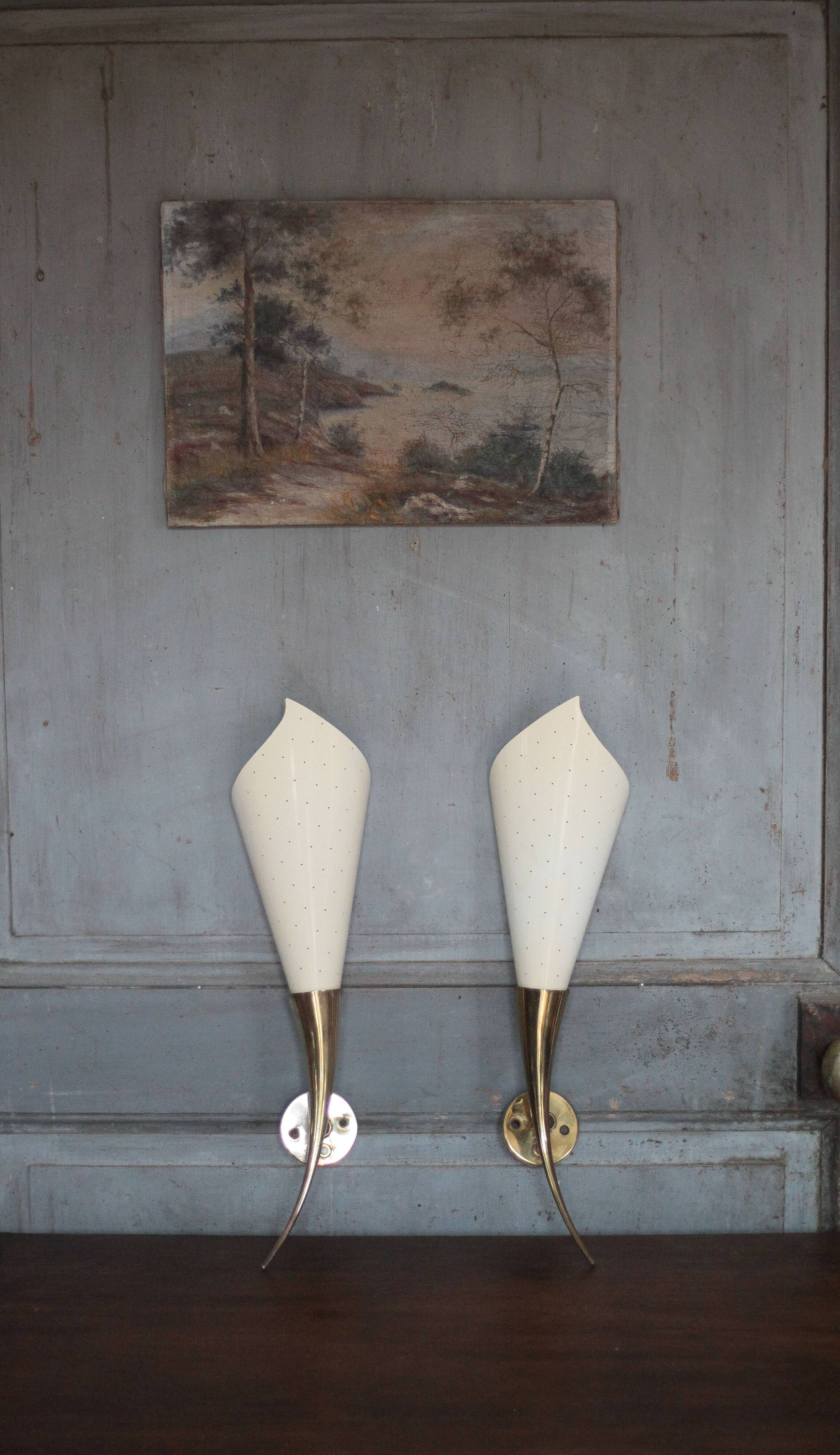 Pair of brass and perforated metal wall lights, wall sconce, decorative