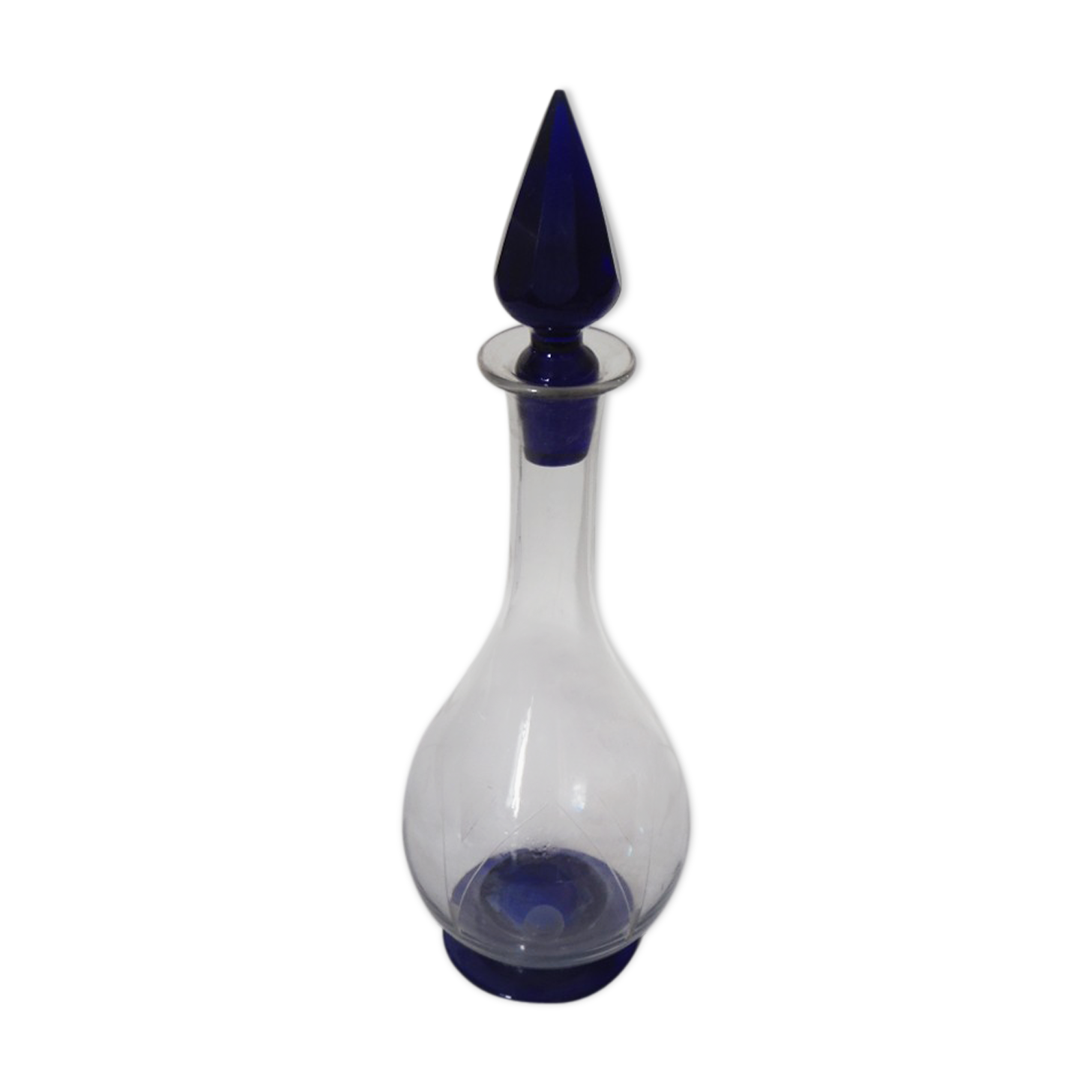 Small carafe with transparent cut glass liqueur and cobalt blue