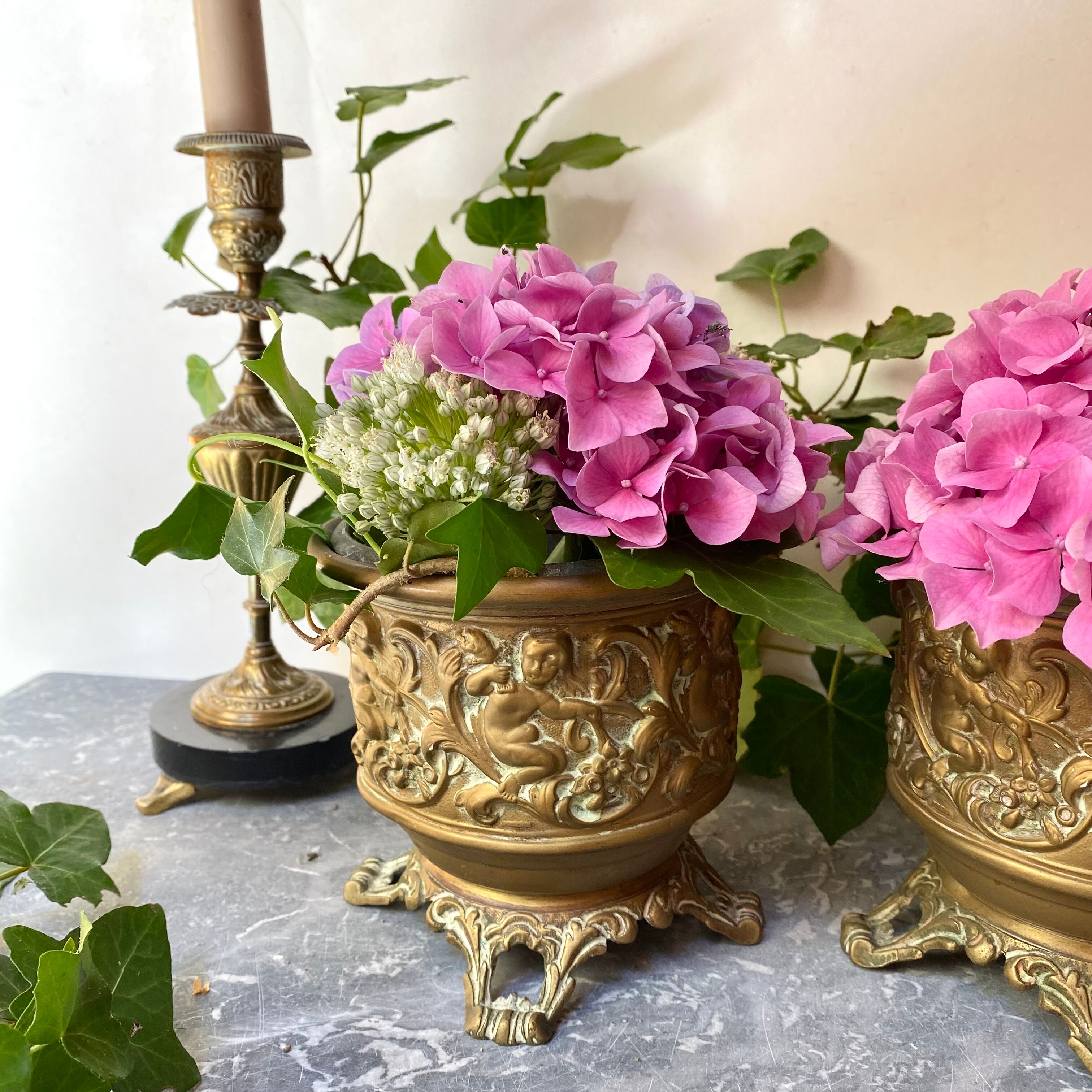Pair of caches pots in brass repelled nineteenth century