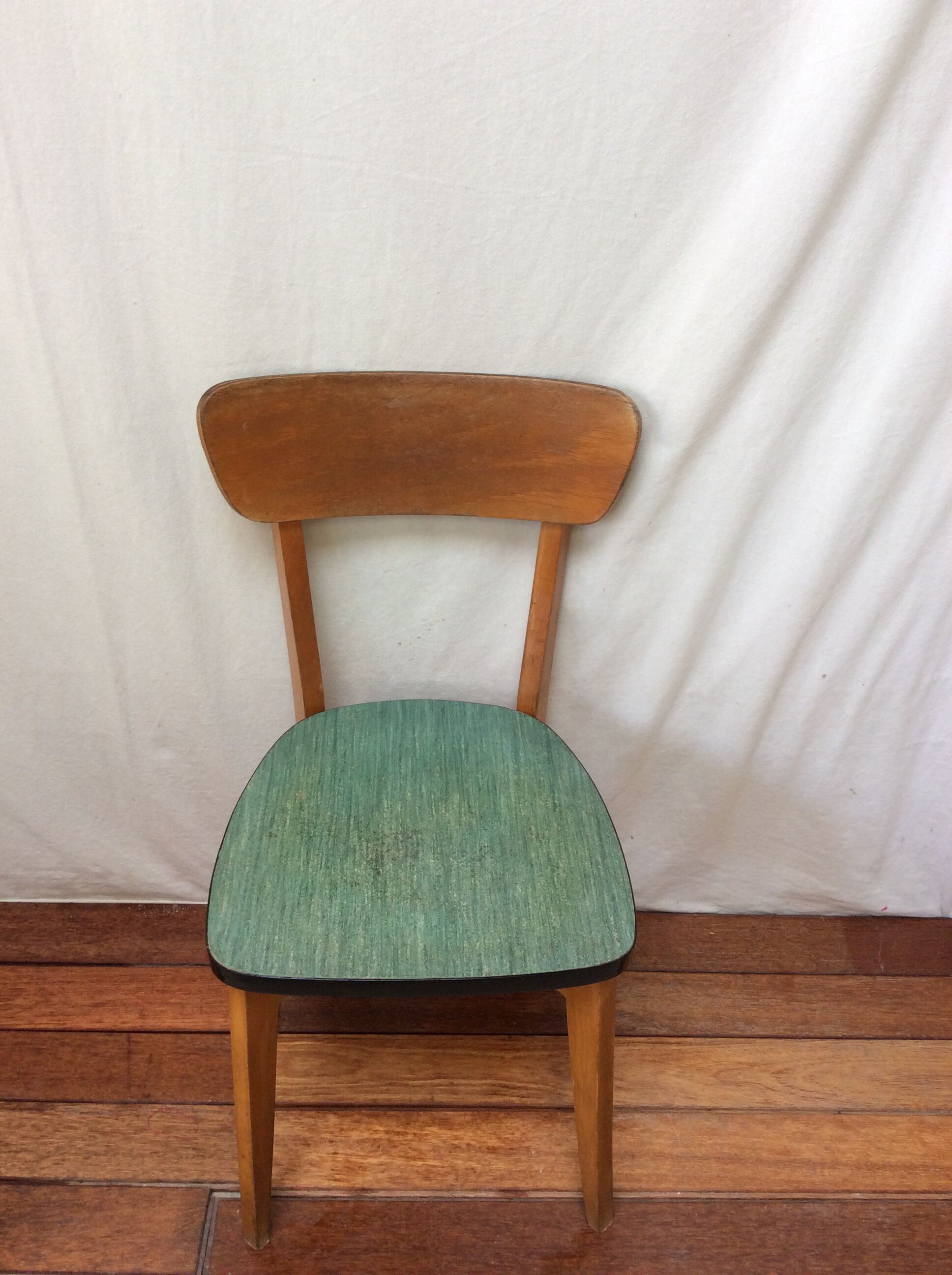Set of 6 chairs in wood and green leatherette, 1960's