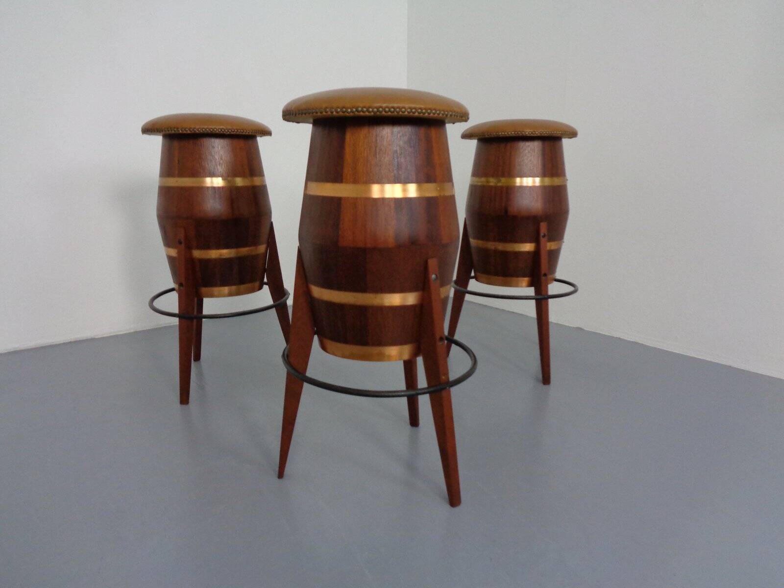 Mid-Century Teak & Copper Bar Stools, 1960s, Set of 3