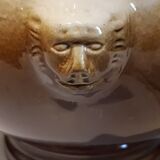 Large covered two-tone ceramic soup bowl with "lion's head" handles
