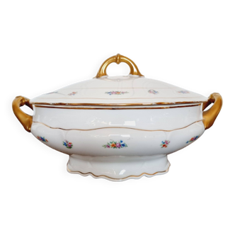 Soupière ancienne en parfait état en porcelaine française de Limoges à décor floral