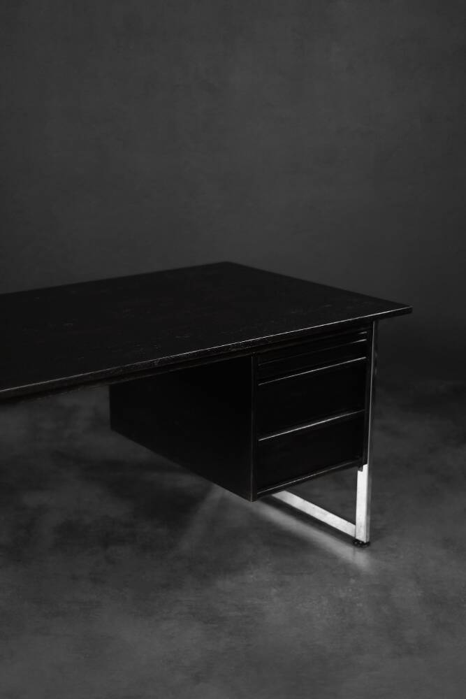 Vintage Mid-Century Danish Black Modern Minimalist Oak Office Desk with Chrome Base, 1970s
