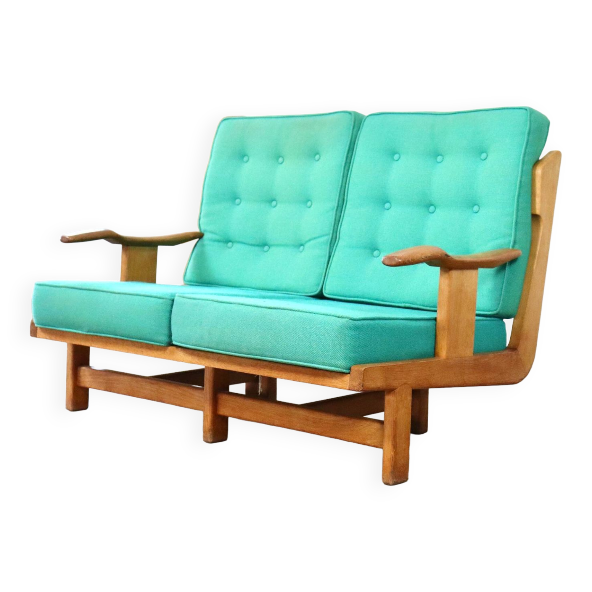 Rare Guillerme & Chambron Solid Oak Sofa, France 1960s