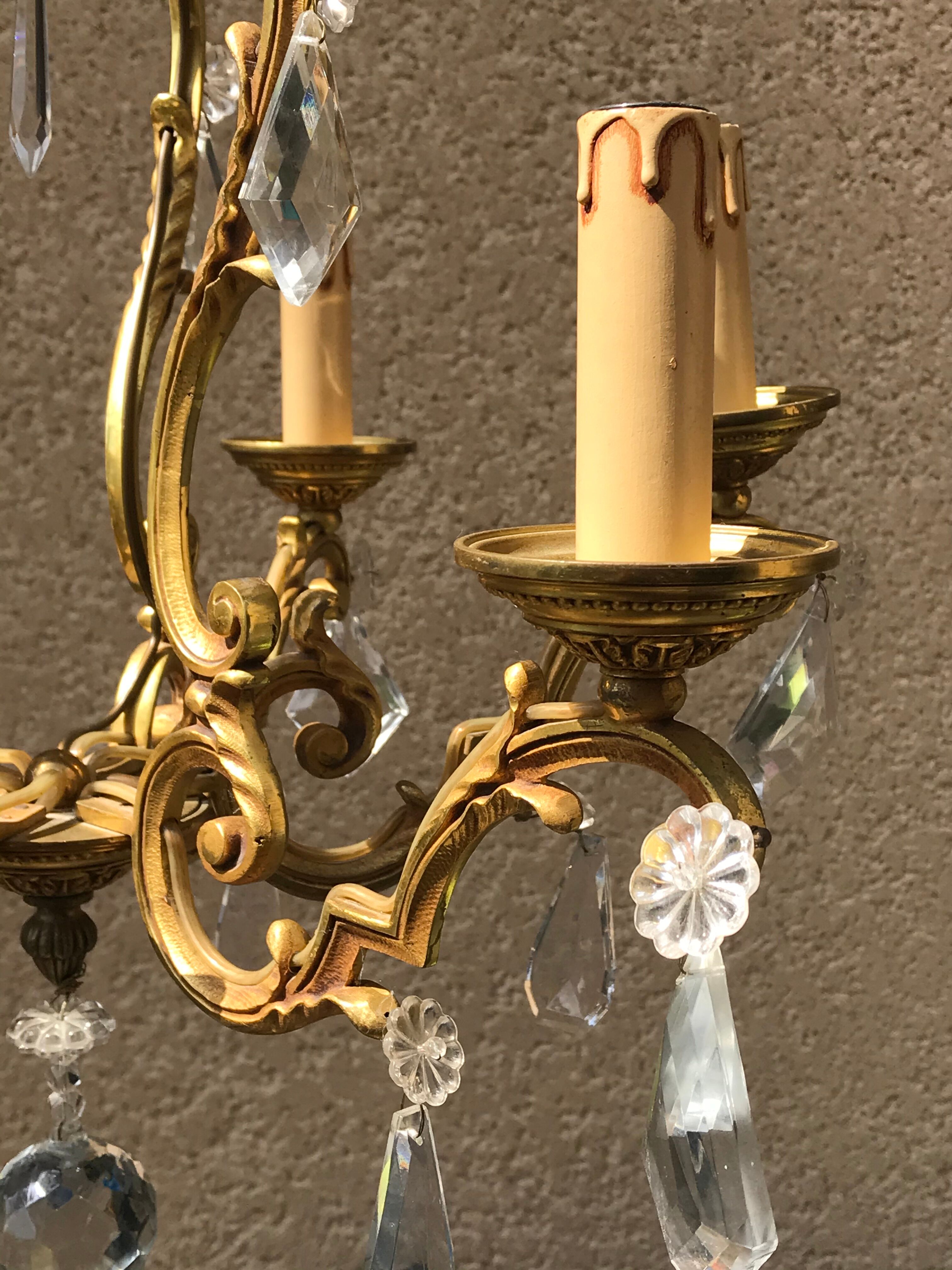 Bronze cage chandelier with crystal drops, 6 lights