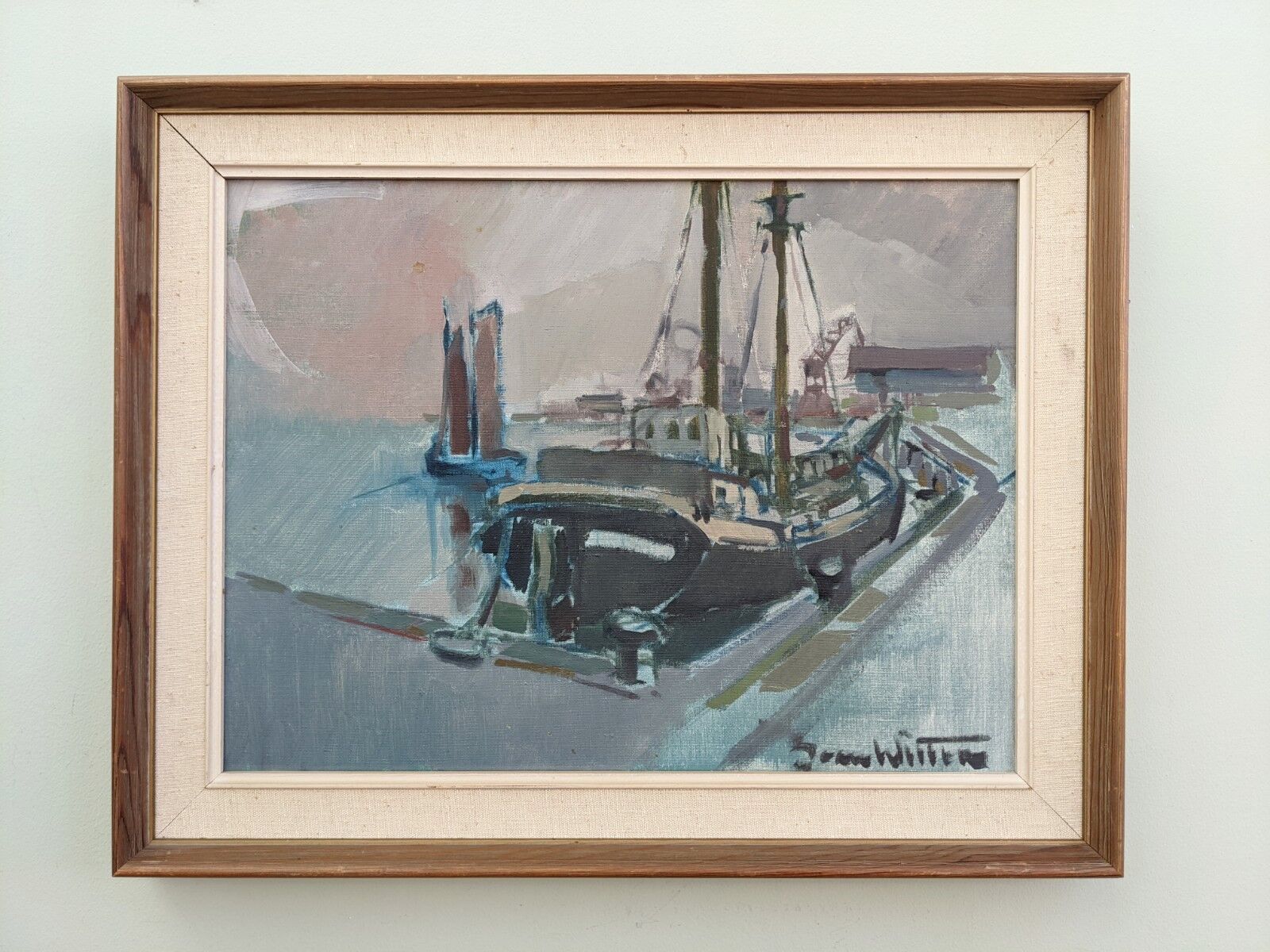 Mid 20th Century "Harbour Sundown" Swedish Modernist Coastal Scape Oil Painting, Framed