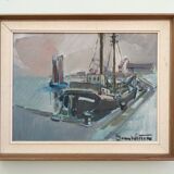 Mid 20th Century "Harbour Sundown" Swedish Modernist Coastal Scape Oil Painting, Framed