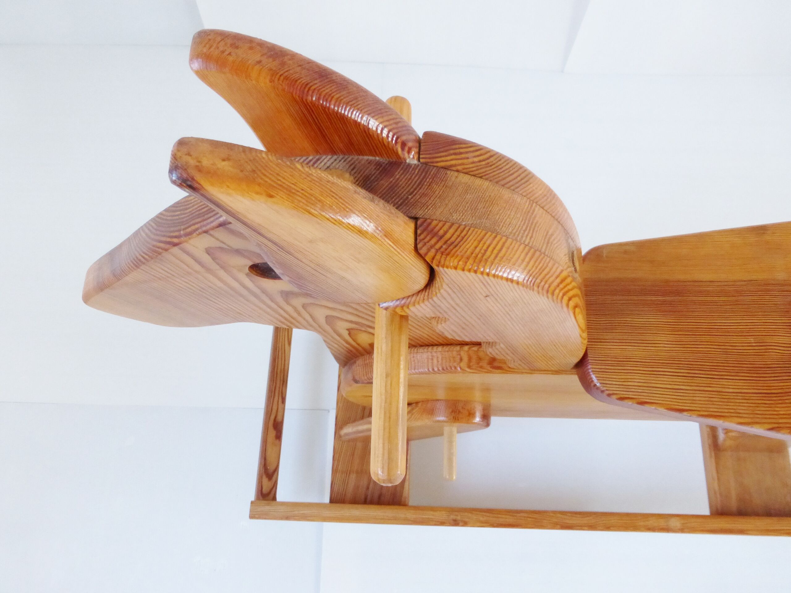 Superb horse rocking in 1970-1980 vintage seventies French rocking horse pine