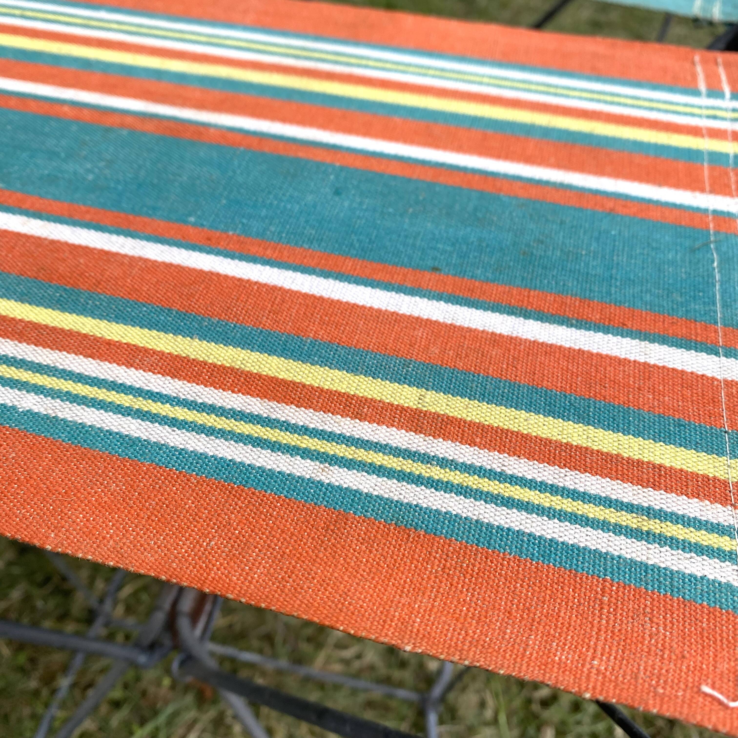 Vintage camping folding stool, striped canvas