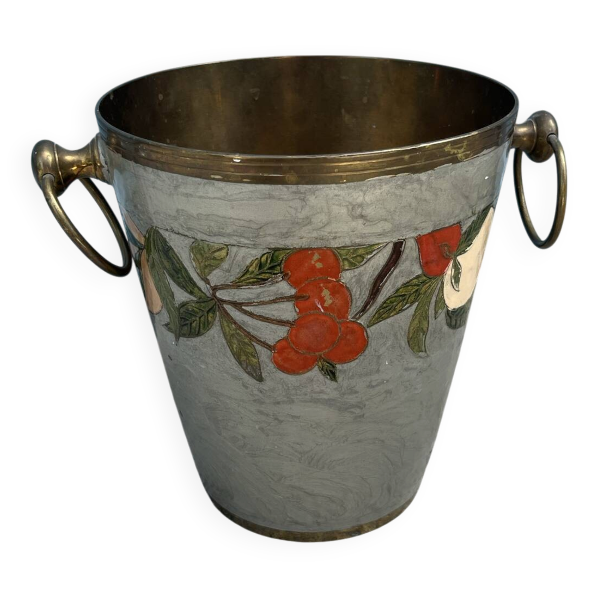 French Cloisonné Champagne Bucket with Fruit Garland & Brass Handles