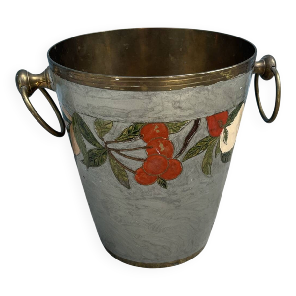 Seau à champagne en cloisonné français avec guirlande de fruits et poignées en laiton