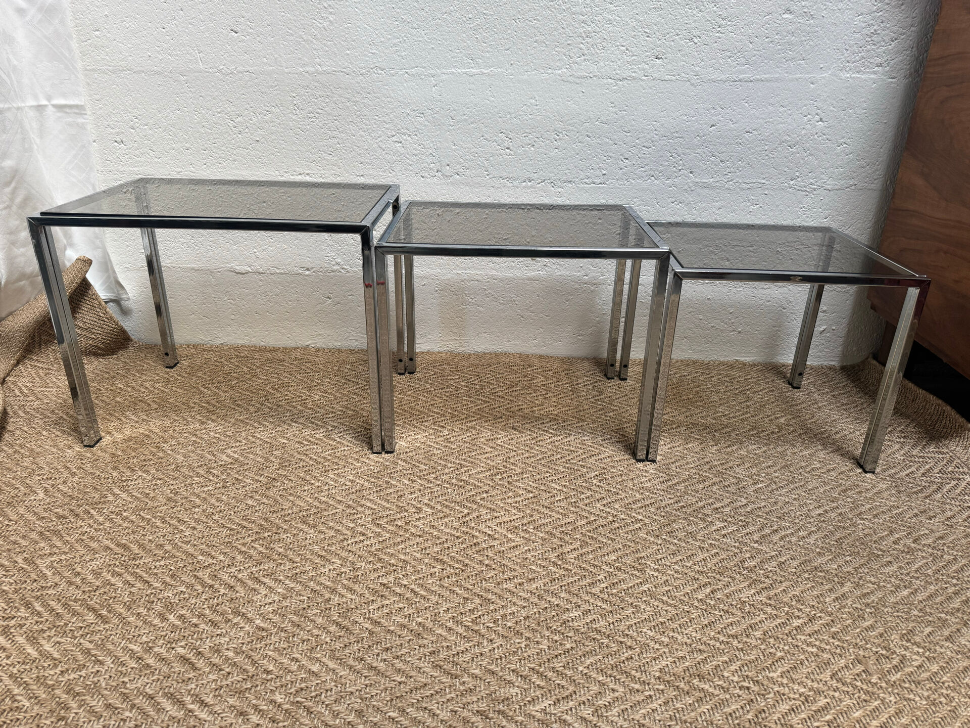 Set of 3 vintage nesting tables – Chrome metal & smoked glass