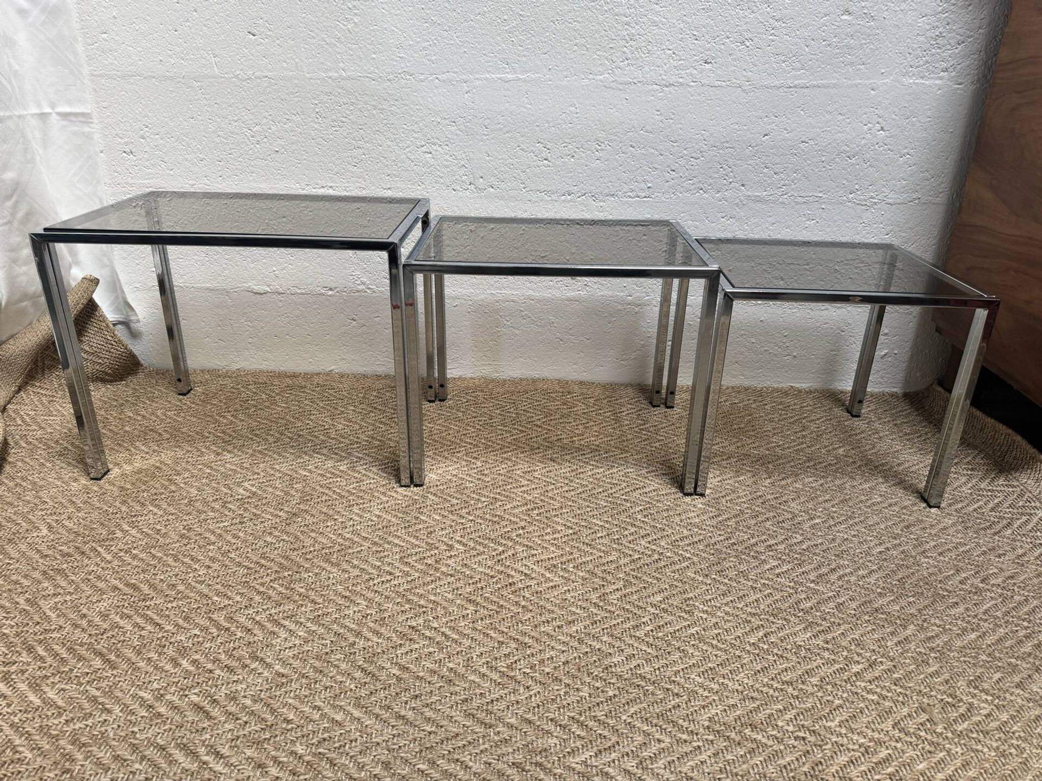 Set of 3 vintage nesting tables – Chrome metal & smoked glass