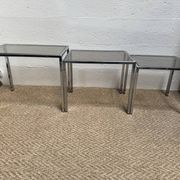Set of 3 vintage nesting tables – Chrome metal & smoked glass