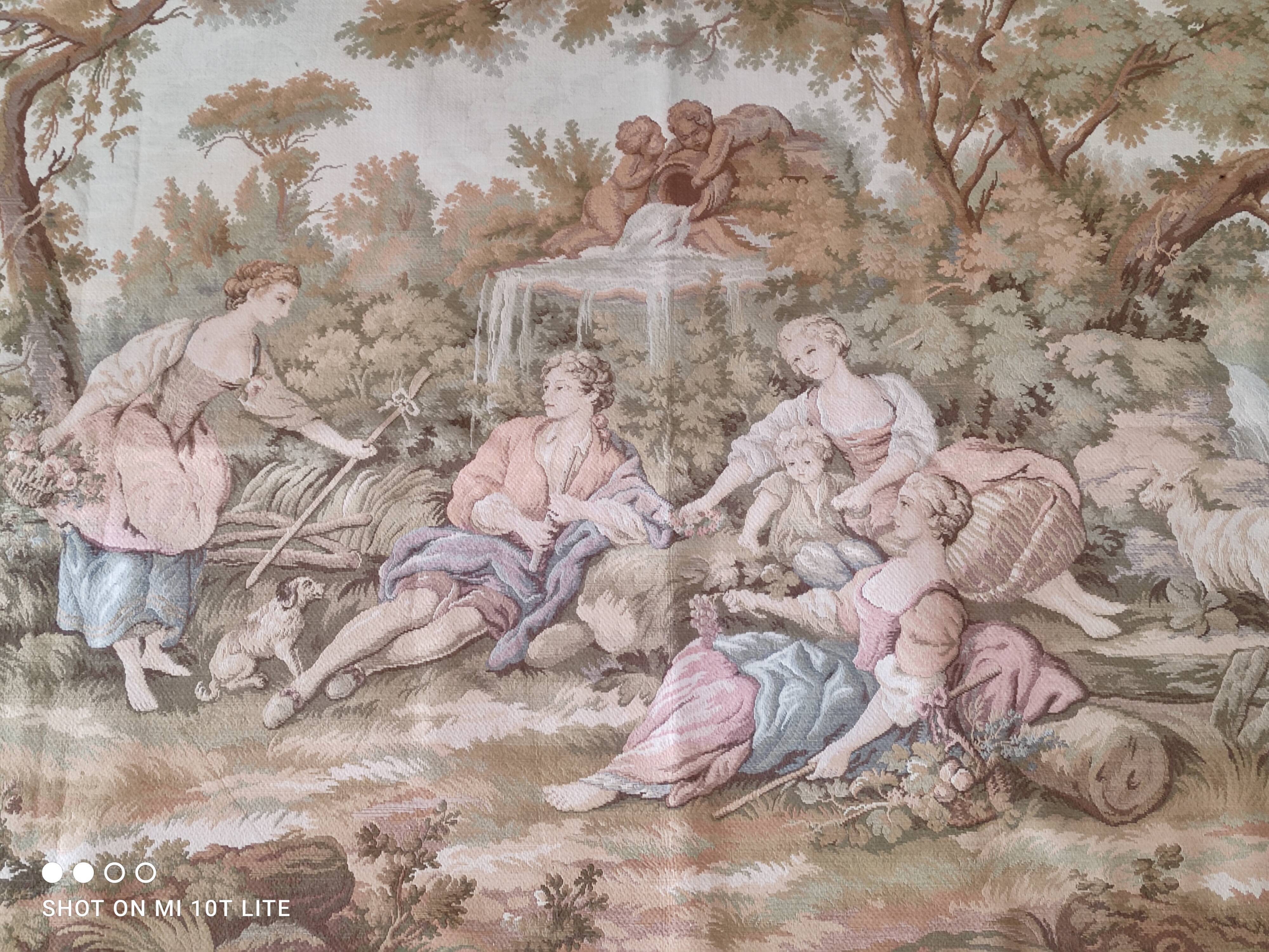 Wall tapestry type Gobelins middle 20th country decoration polychrome shepherds, shepherdesses and sheep
