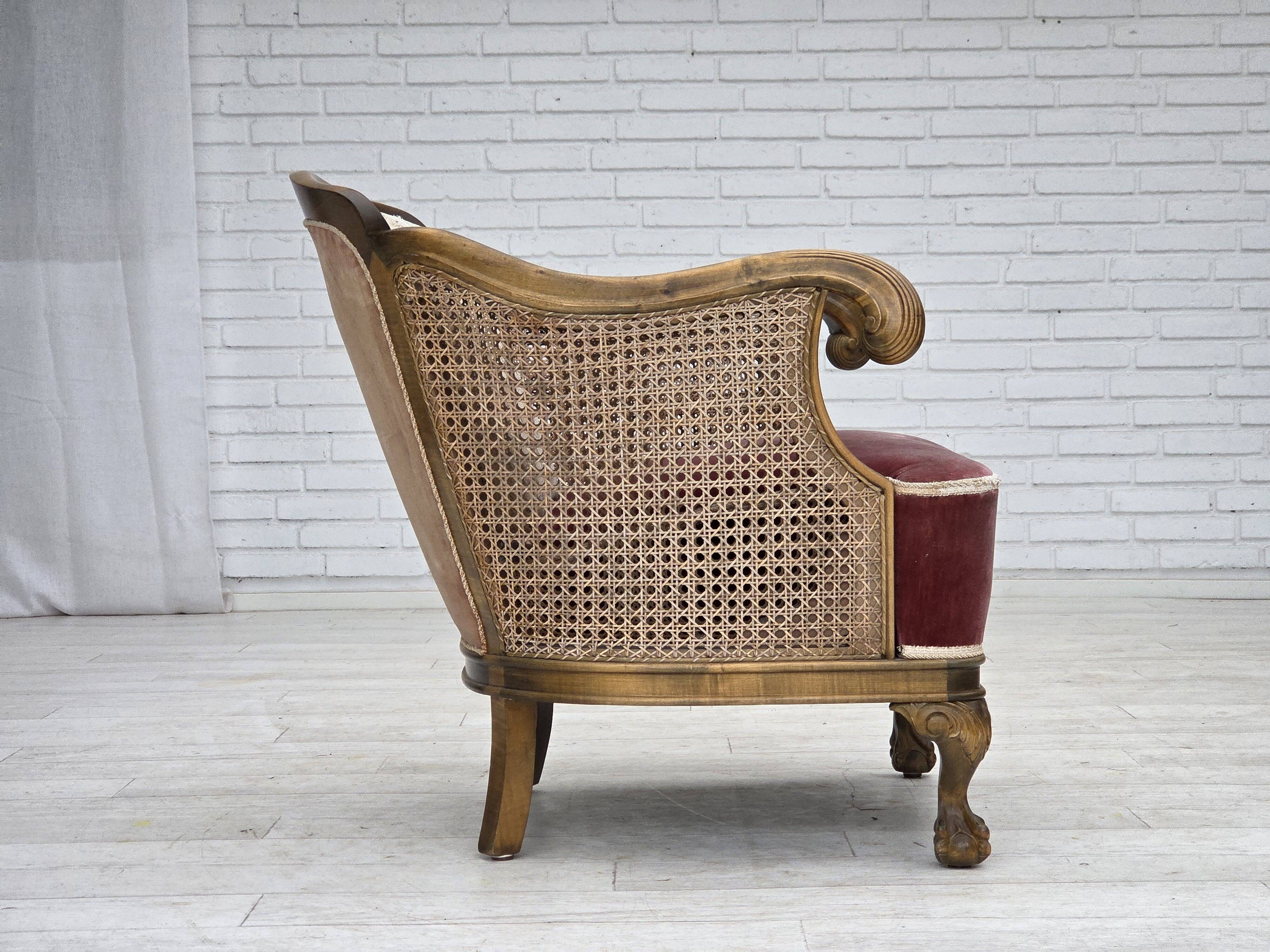 1940s, Danish armchair, woven wool, velour, mesh, carved oak wood.