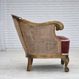 1940s, Danish armchair, woven wool, velour, mesh, carved oak wood.