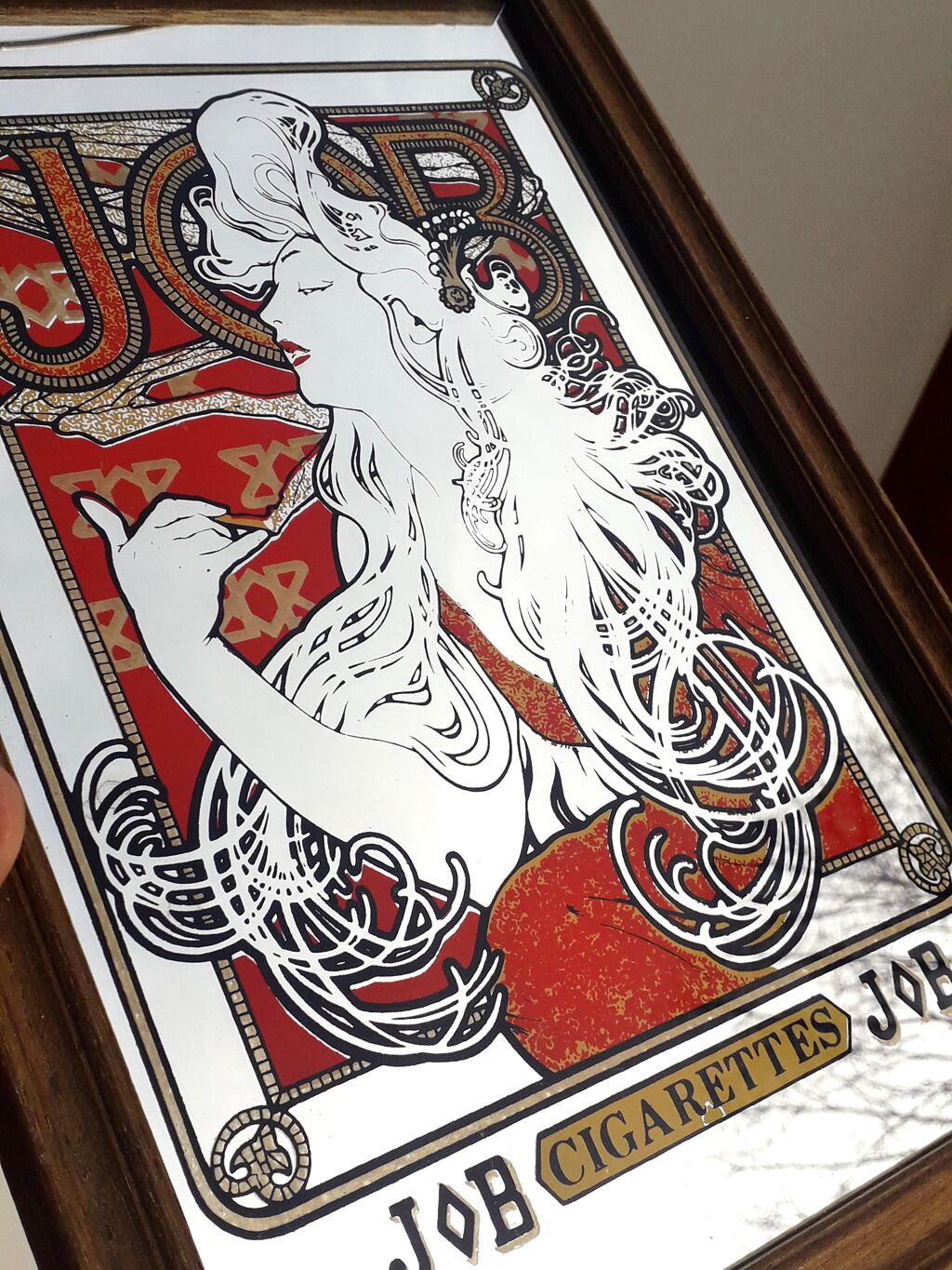 job cigarettes mirror RARE Alphonse Mucha Pub Advertisement Hand Made in England Vintage Art Nouveau Mirror with