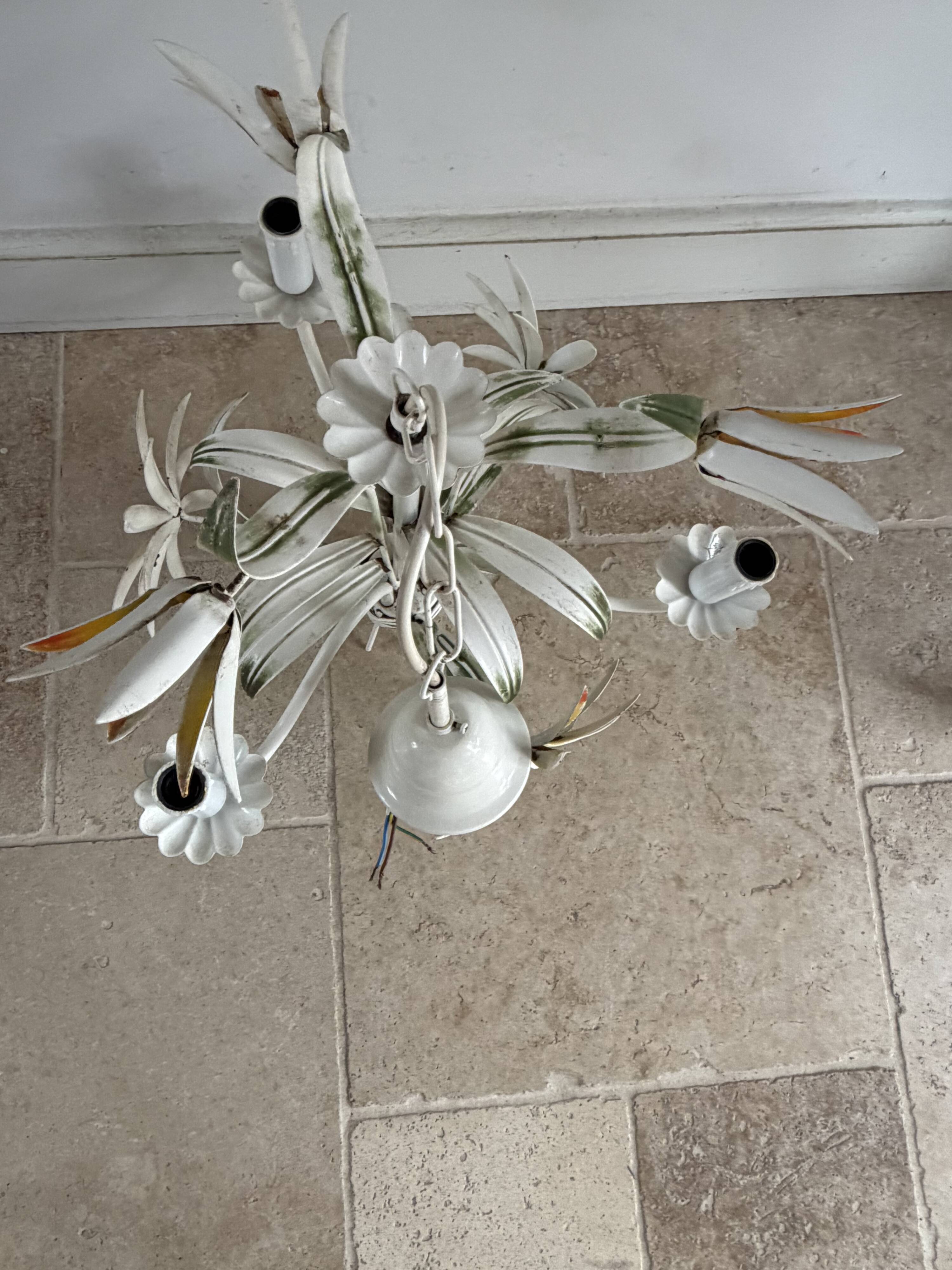 Vintage floral metal painted chandelier – 3 lights – 1970s