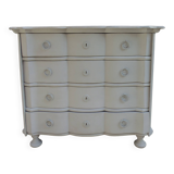 Commode arbalète de belle facture sublimée en gris perle, plateau blanchi.