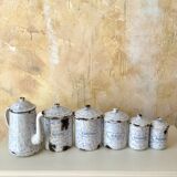 Spice jars and coffee maker in enameled sheet metal