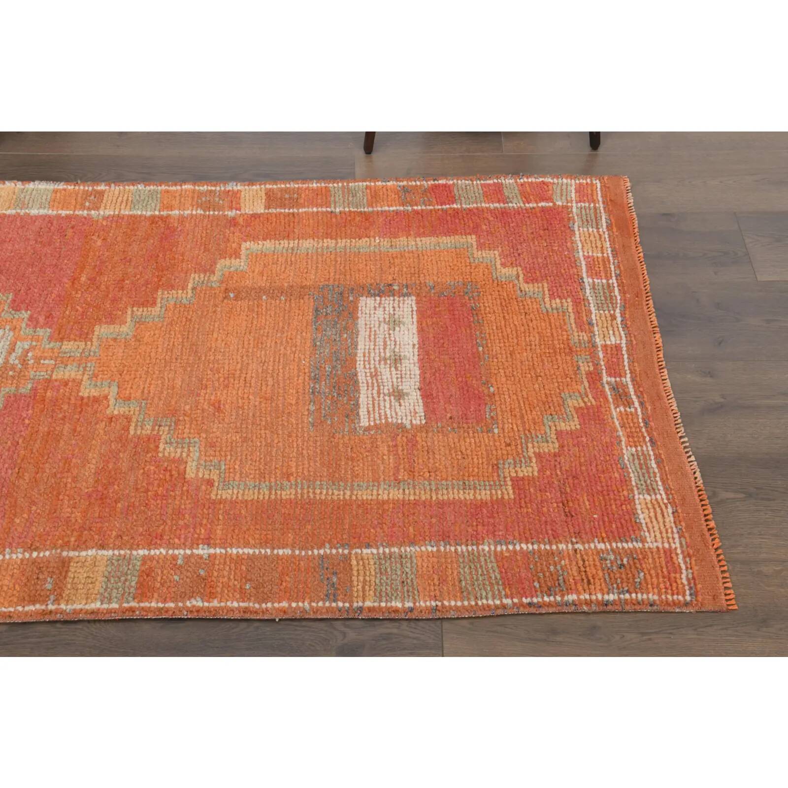 Vintage Turkish hand-knotted wool cotton orange runner rug 96x339