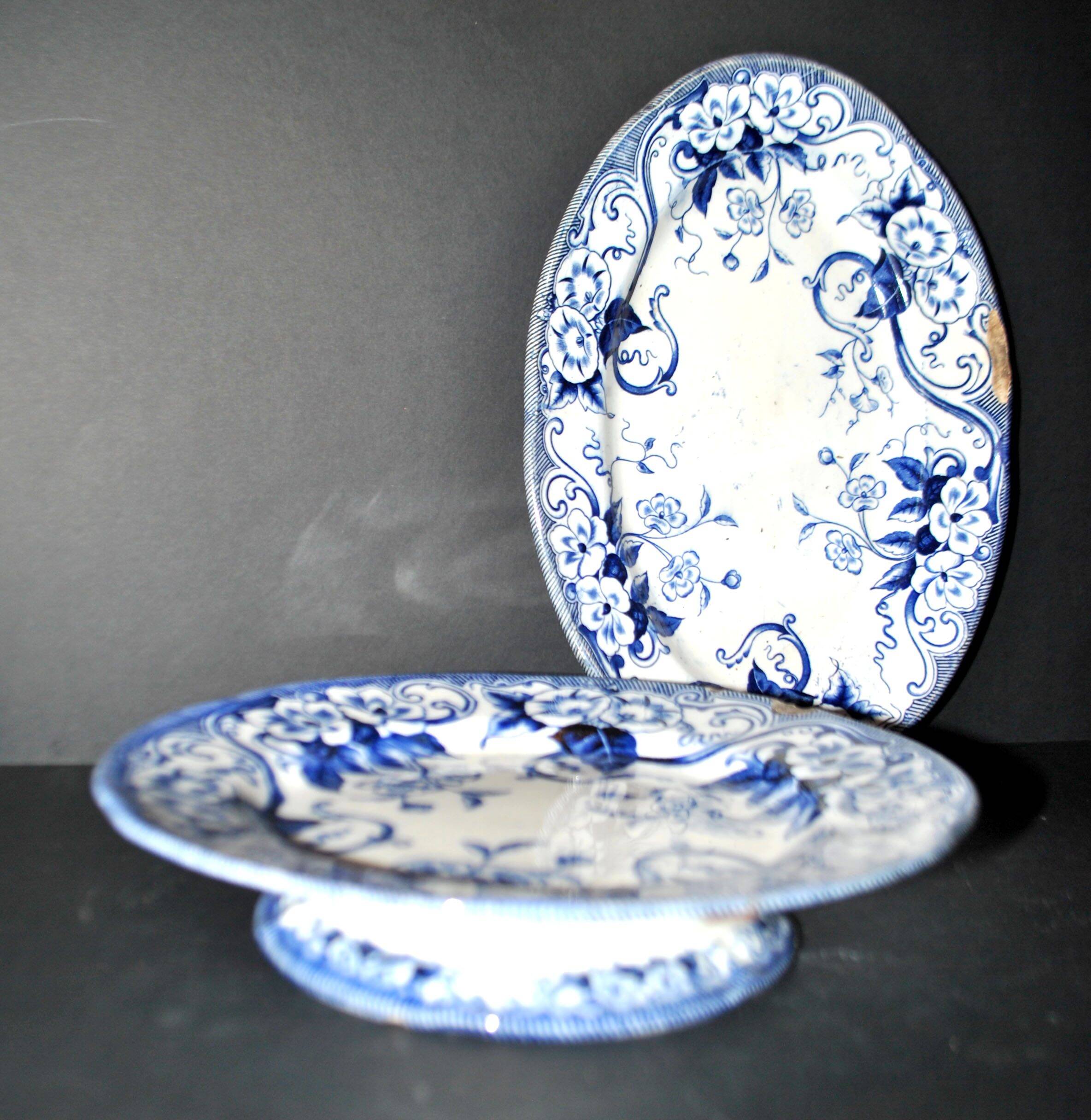 Creil Montereau oval dish and mounted plate Flora blue bindweed 1850 LM&Cie