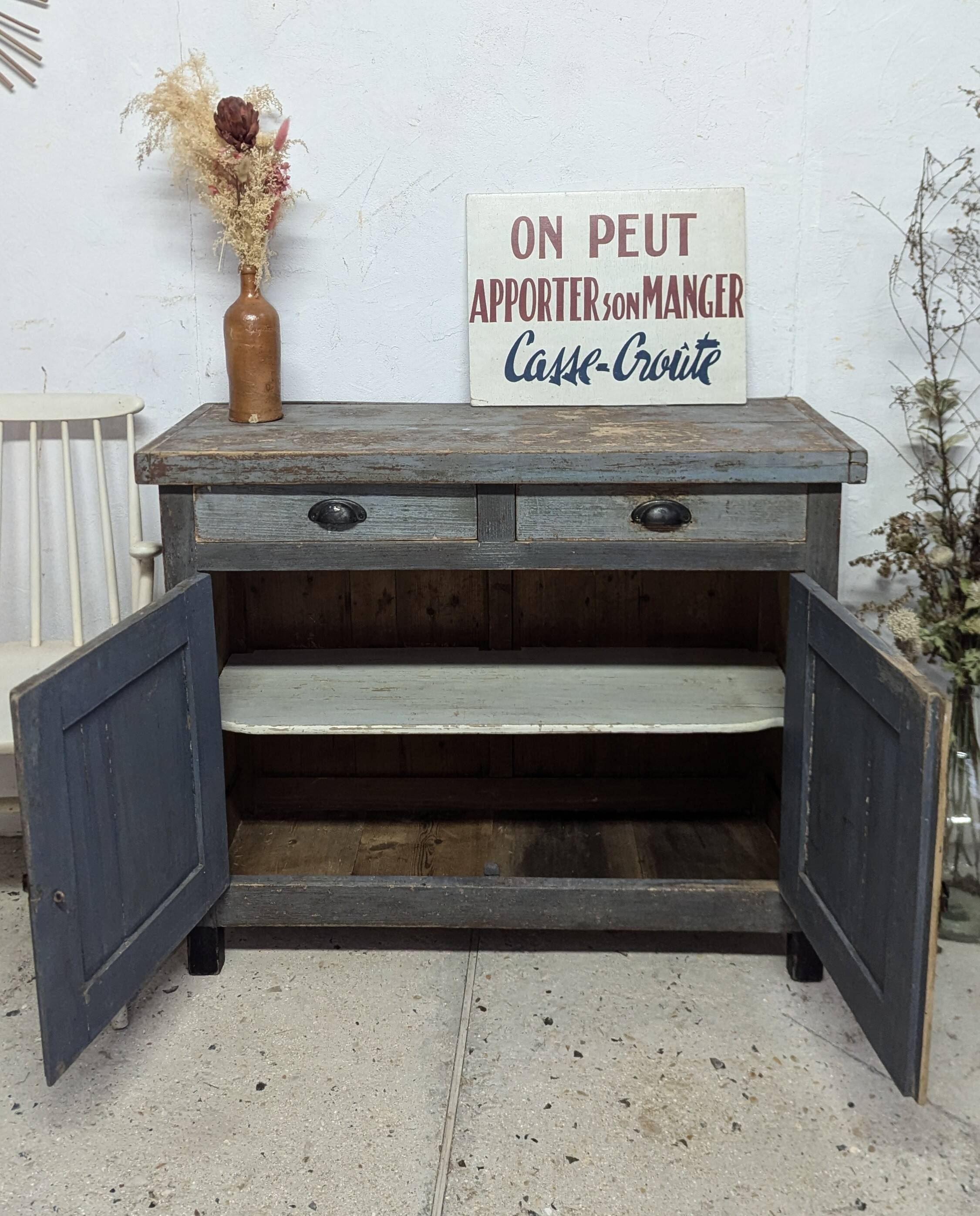 Old Parisian chopping block buffet with vintage shabby patina