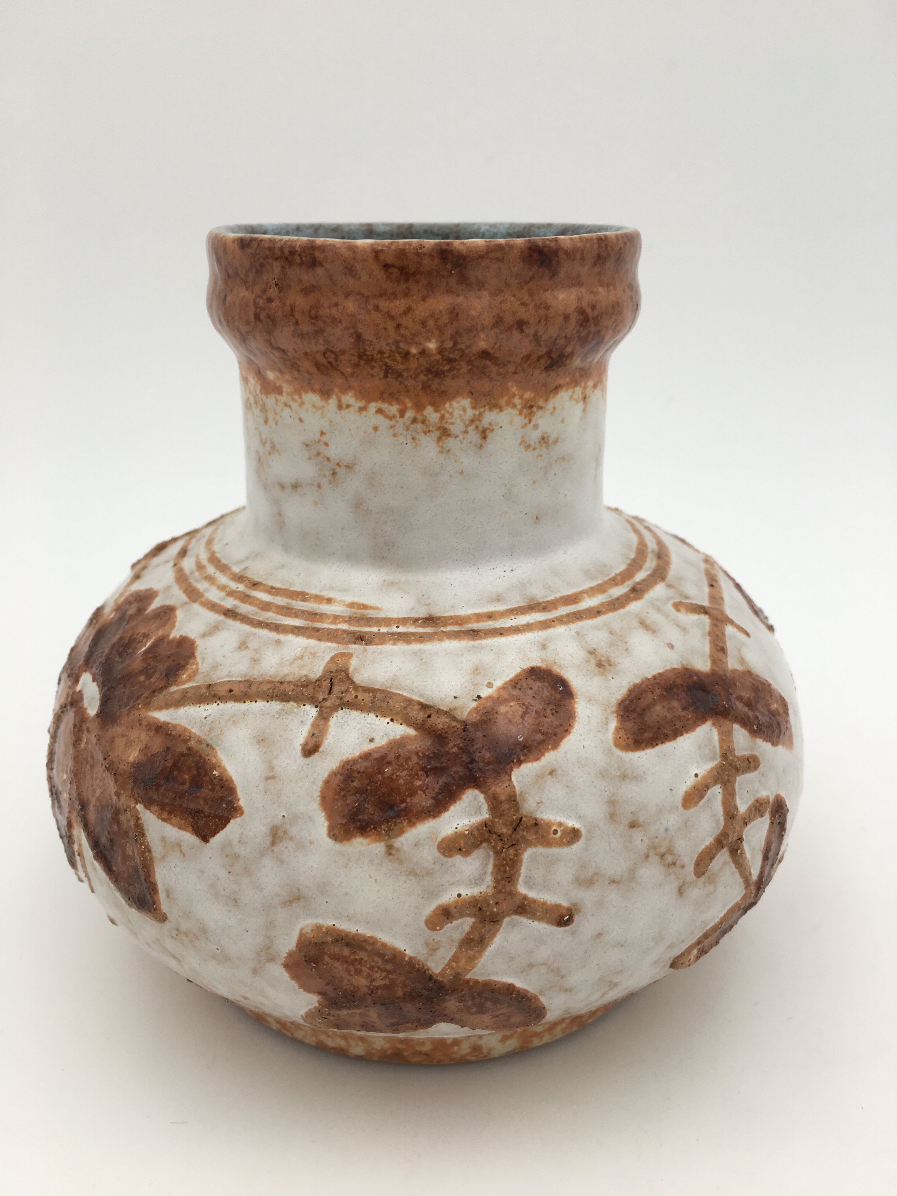 Vintage glazed ceramic vase, floral pattern, brown, beige - 1970s