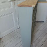 Vintage shallow bookcase, re-enchanted in gray green, wooden tray.