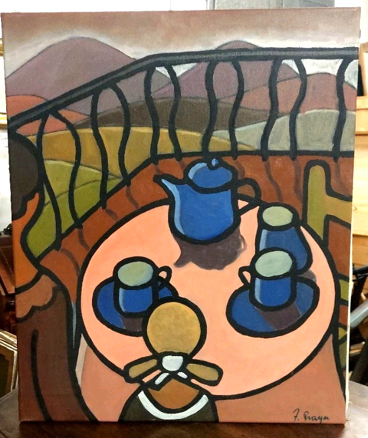 Oil painting on canvas "Breakfast on the Terrace" by Franco Prayer (1924) 58 x 48 cm