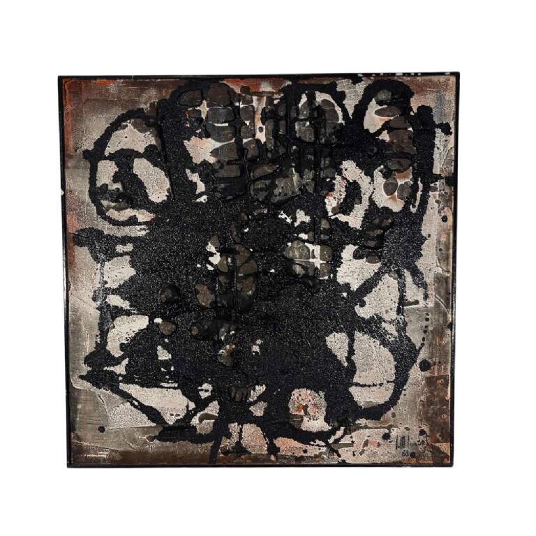 abstract painting, oil and concretions on panel No. 16, LM Londot 1963