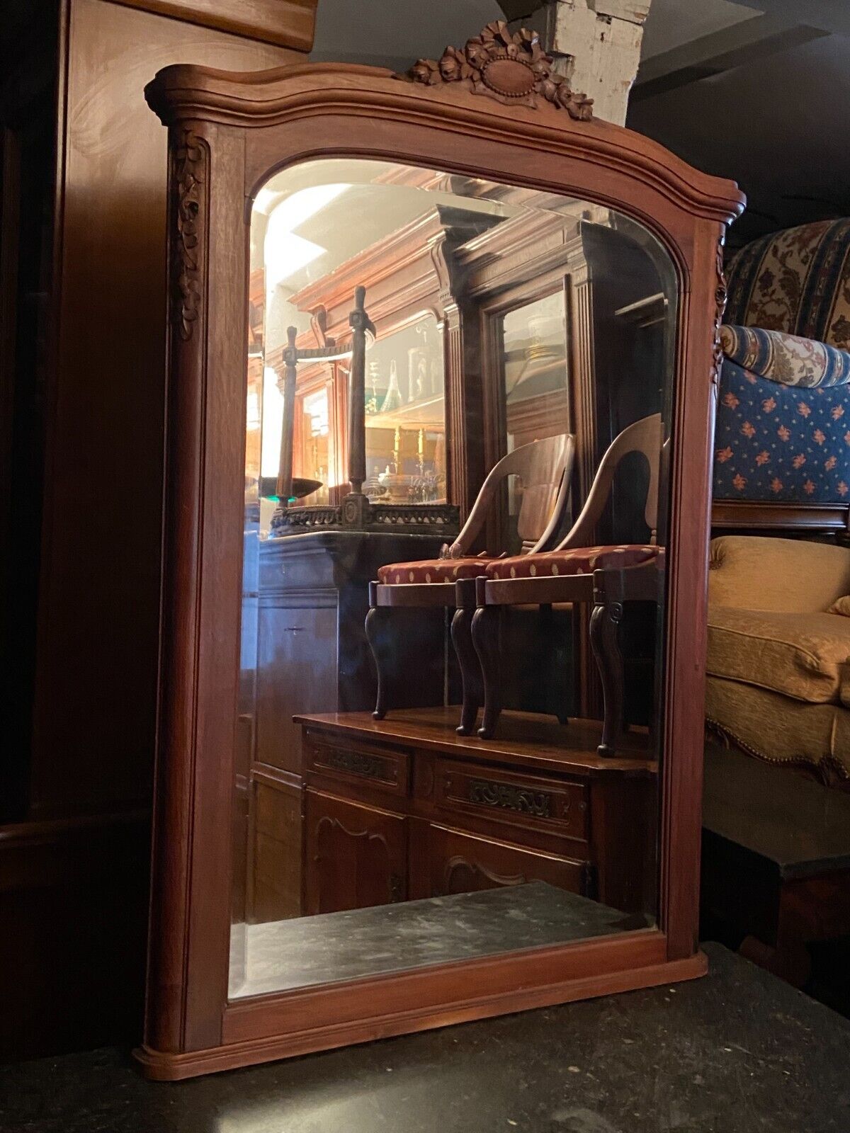 Beveled mirror trumeau fireplace glass in solid walnut Louis XVI style