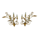 Pair of large floral wall lamps in gilded and lacquered metal. Italy 1960s