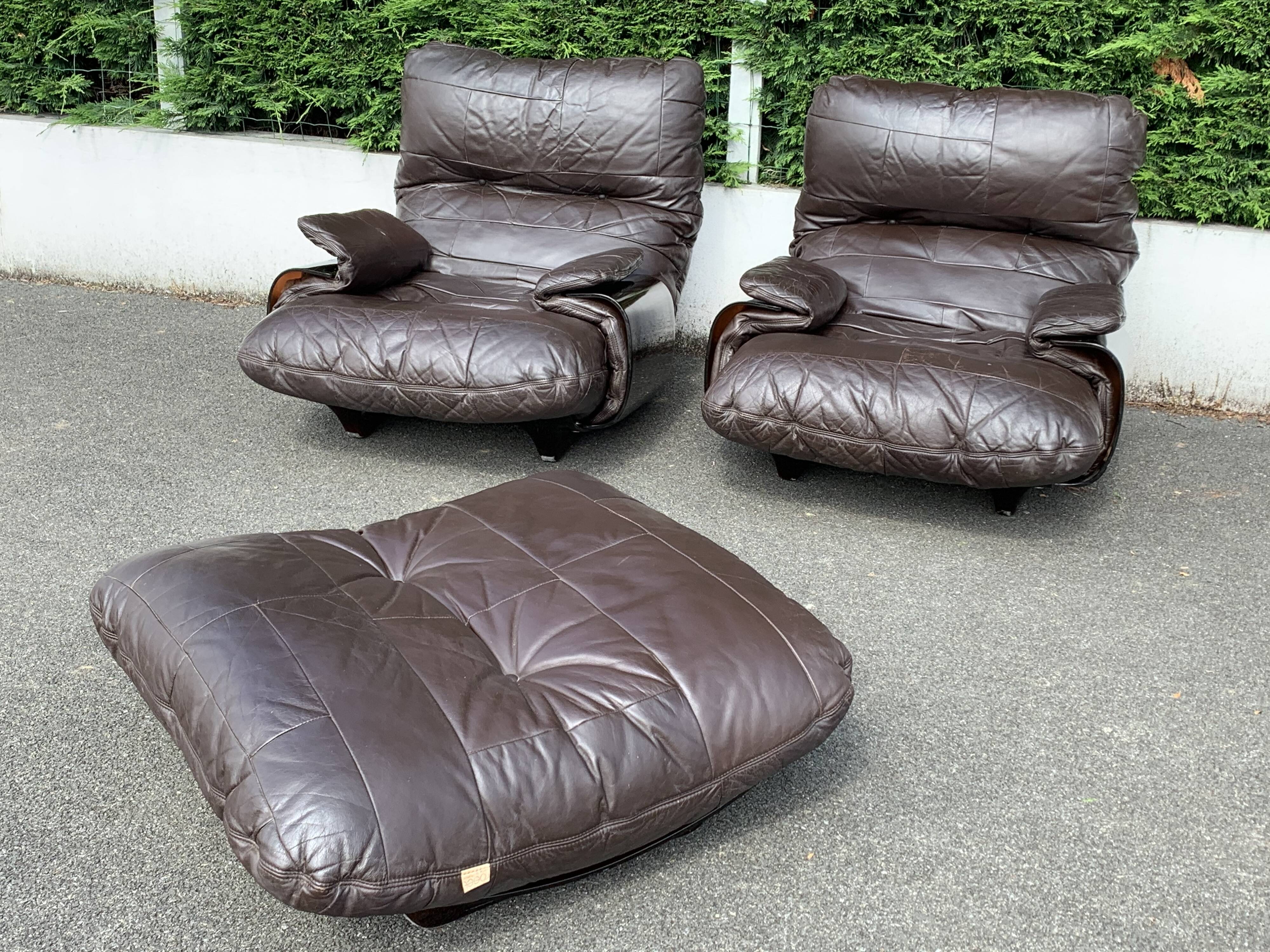Pair of armchairs and ottoman leather Marsala by Michel Ducaroy for Ligne Roset 1970
