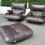 Pair of armchairs and ottoman leather Marsala by Michel Ducaroy for Ligne Roset 1970