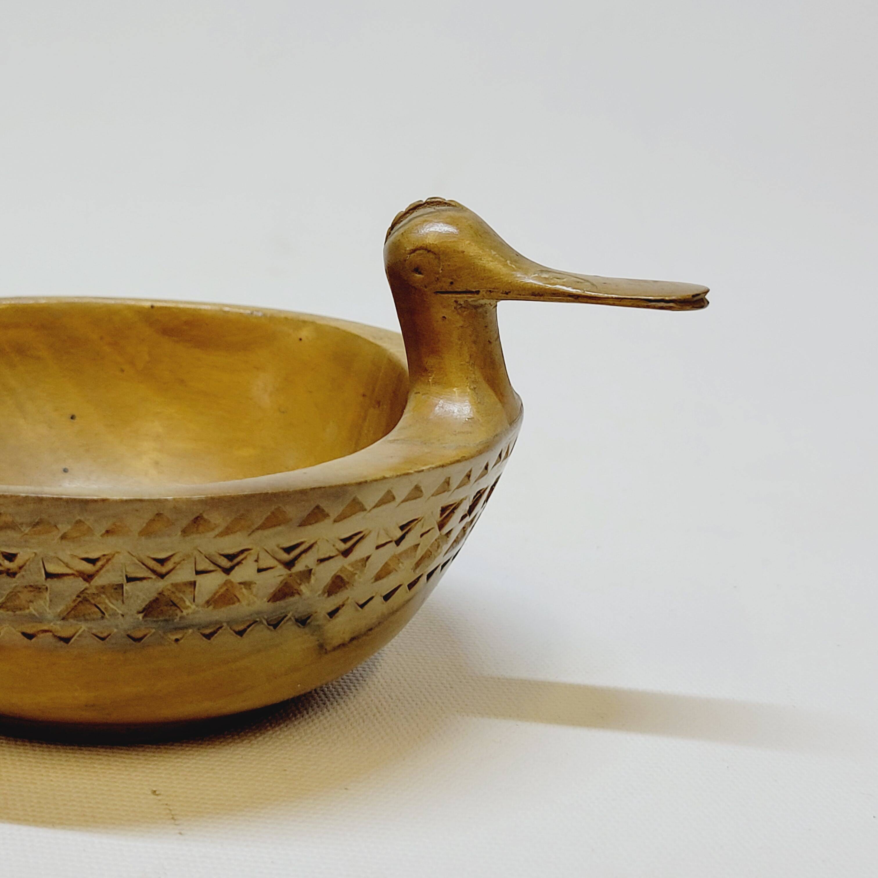 Scandinavian Duck Shaped Carved Wooden Bowl Folk Art