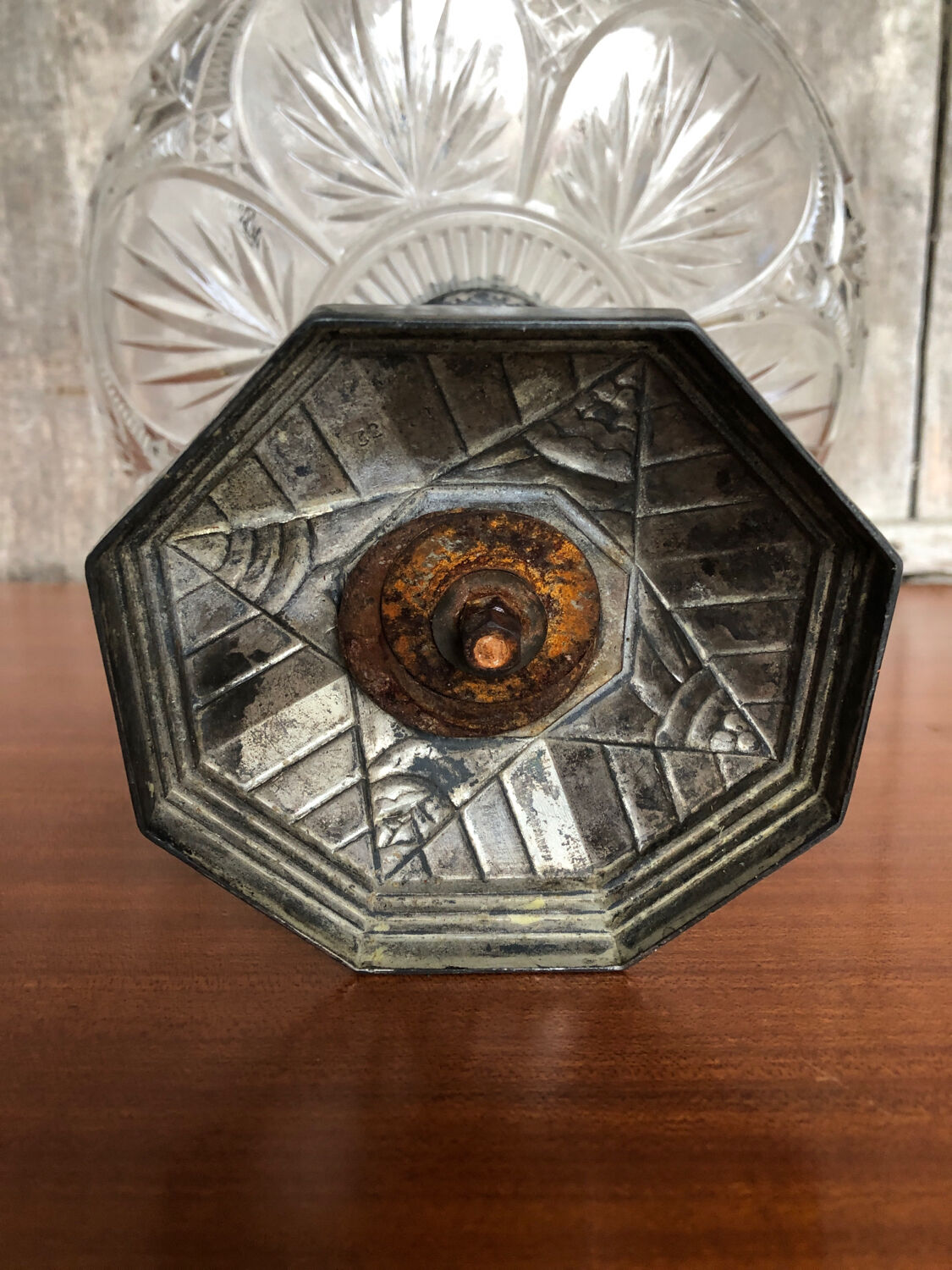 Old centerpiece cut art deco glass + foot silver metal vintage #a285