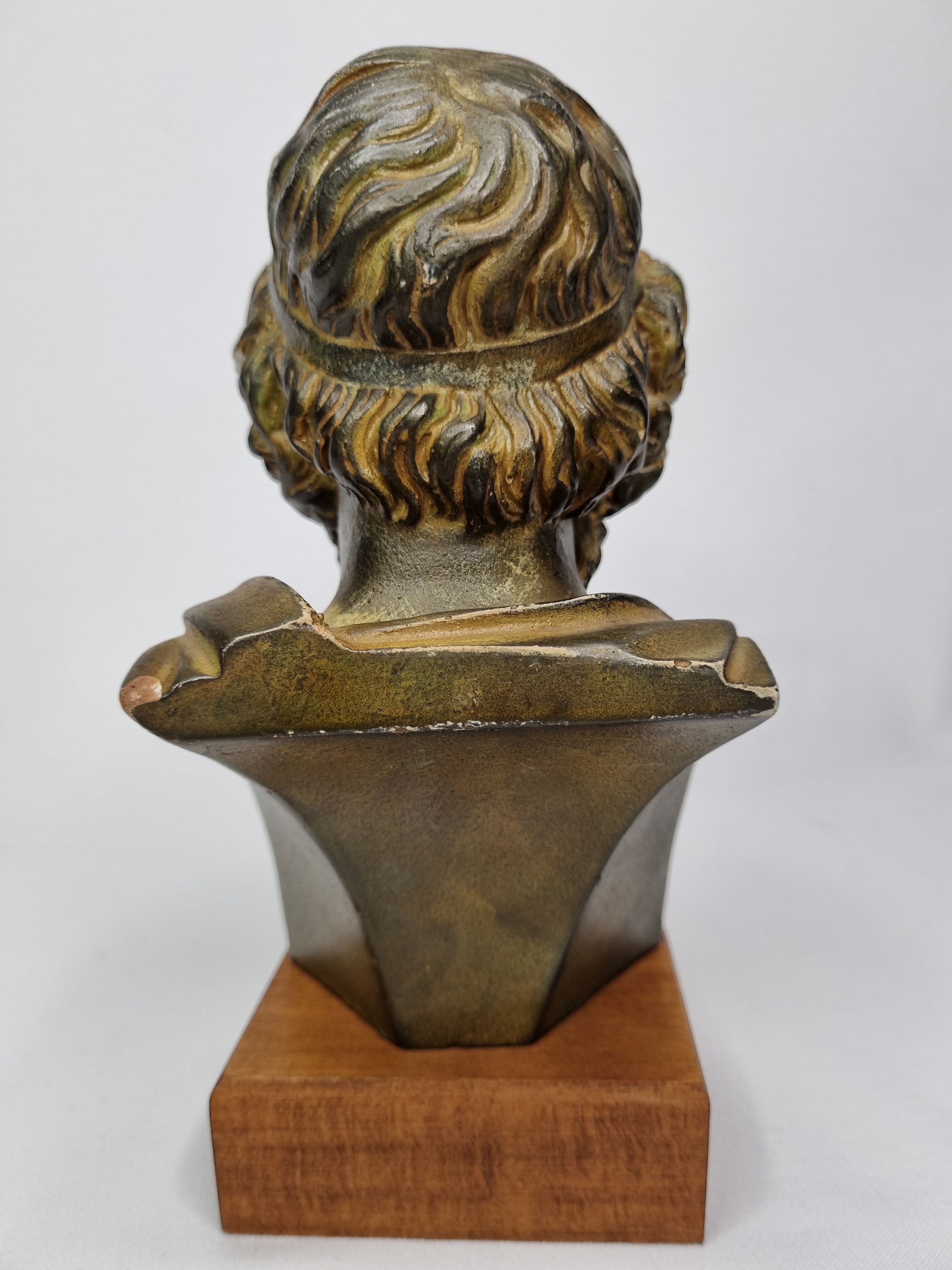 Bust of Homer in patinated plaster on wooden base, 21 cm