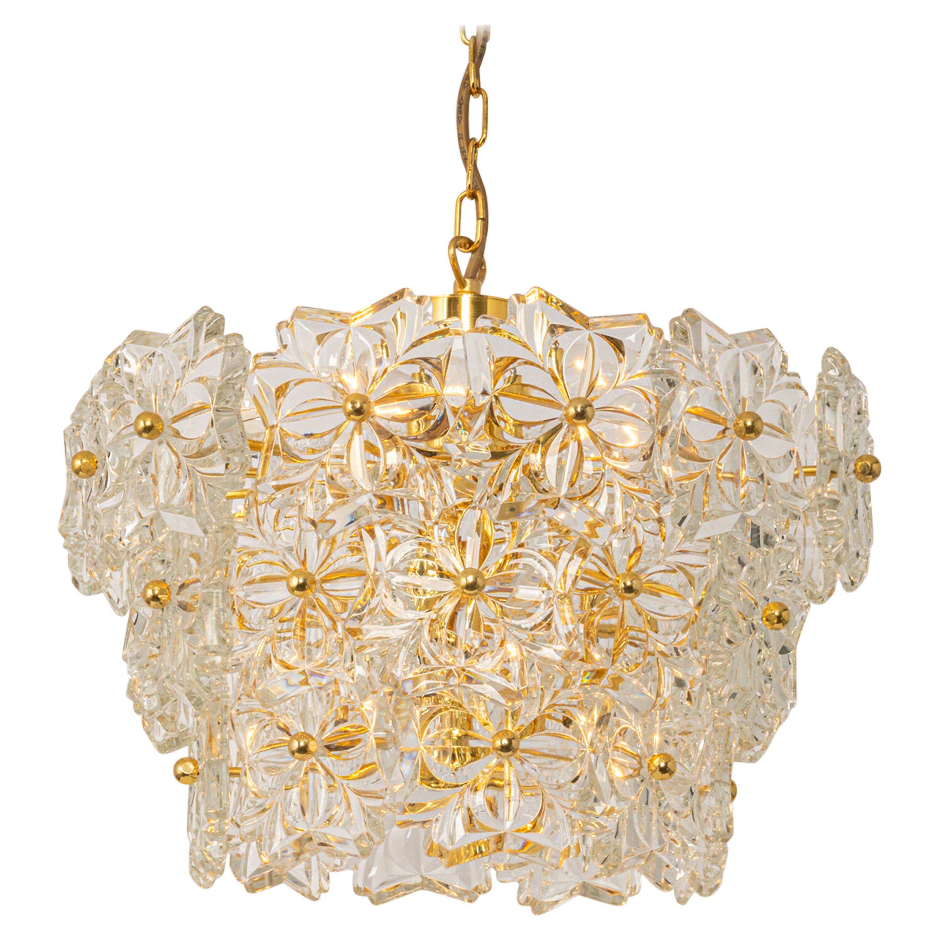Chandelier in gilded brass and crystal glass, Germany, 1970s