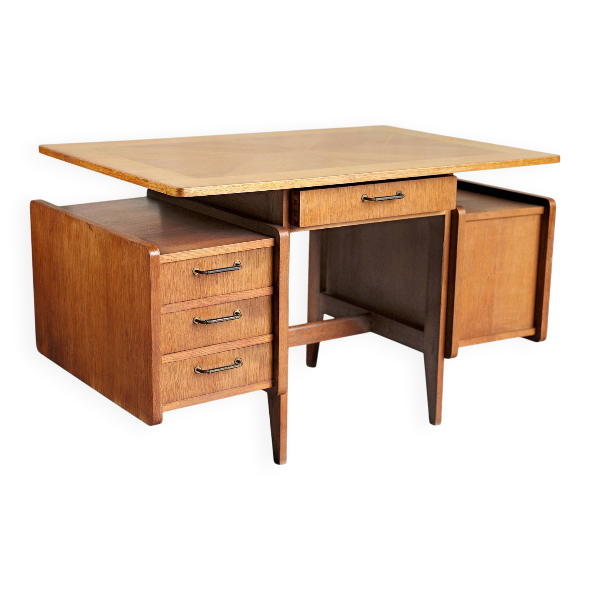 Bureau double à poignées gainées, France 1950