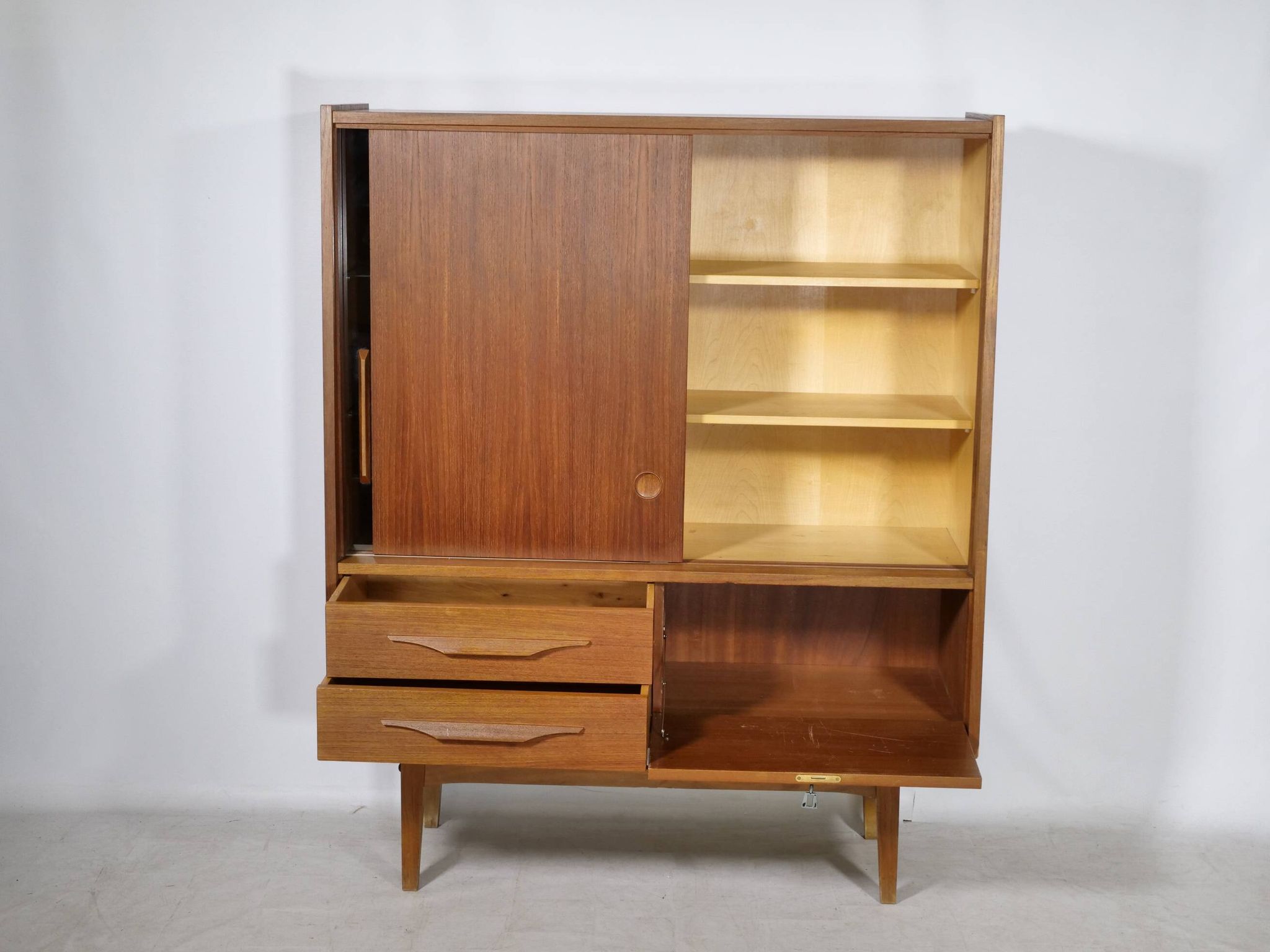 Mid Century Teak Highboard with Glass Display Cabinet & Sliding Door, 1960s