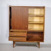 Mid Century Teak Highboard with Glass Display Cabinet & Sliding Door, 1960s