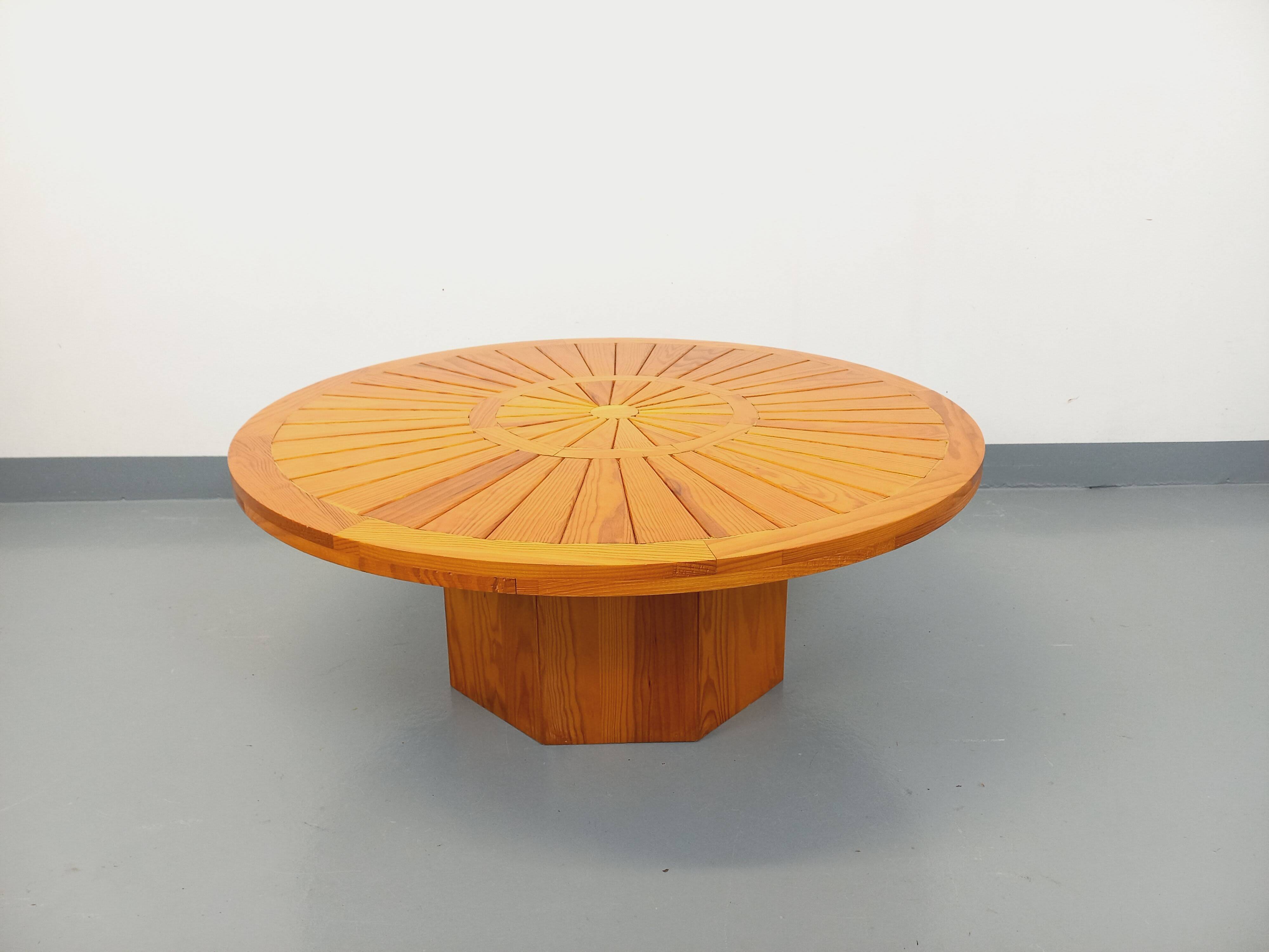 Vintage round pine coffee table from the 70s