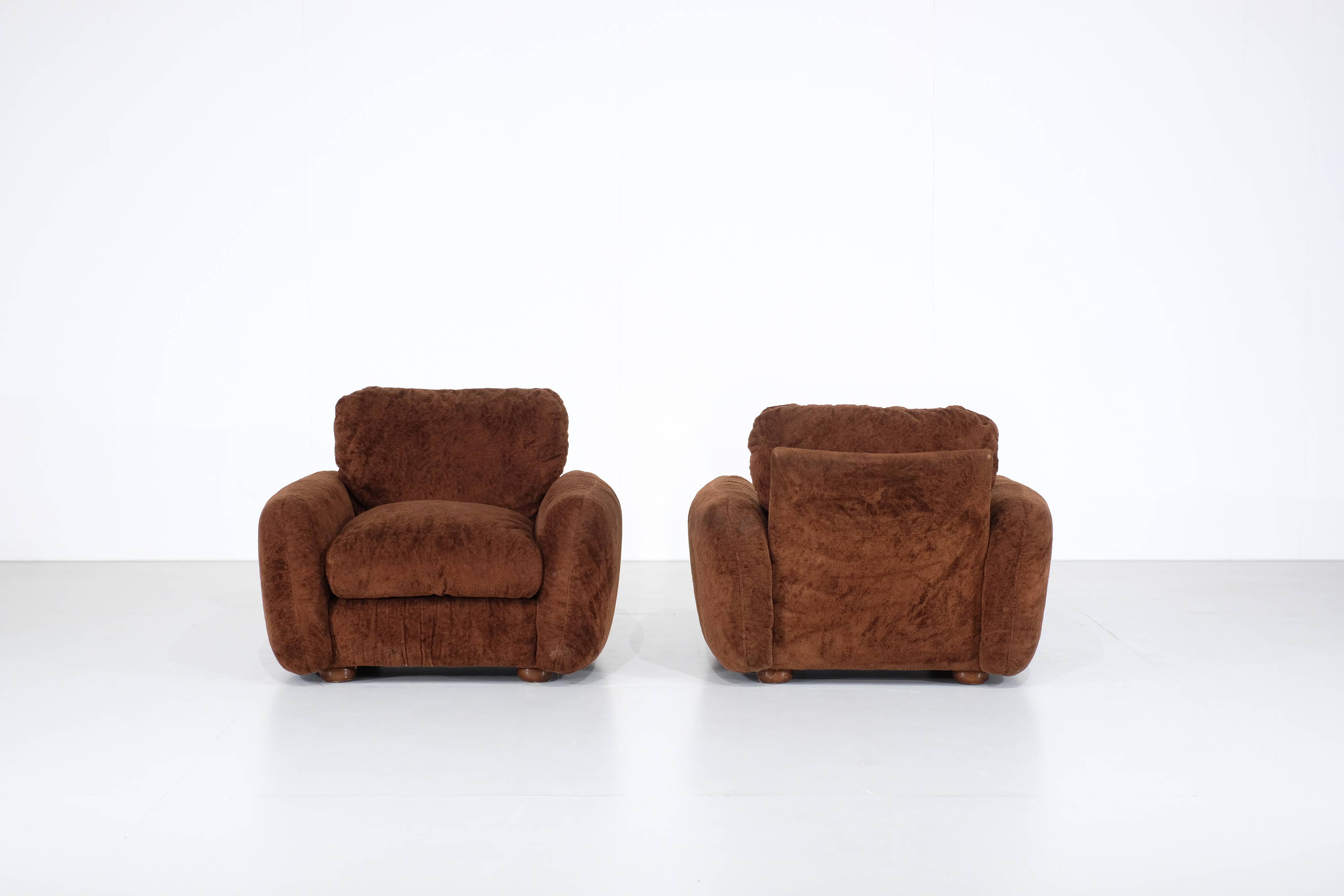 pair of brown fabric armchairs, Italy - 1970s