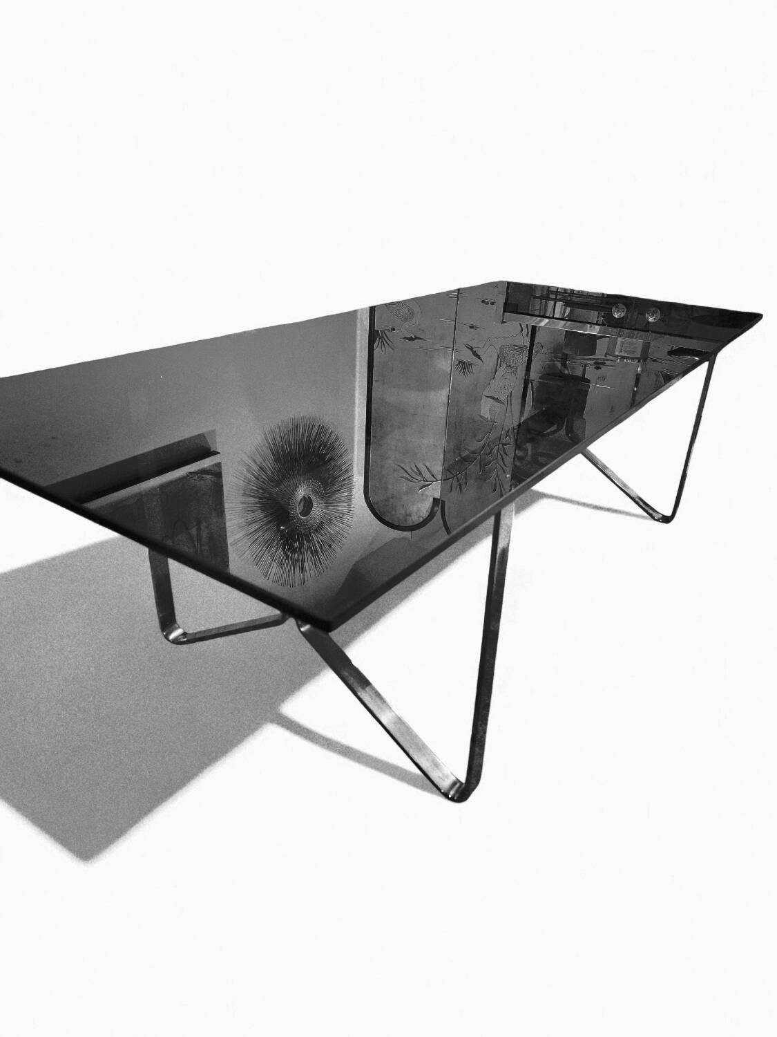 Smoked glass and chrome designer table – 70s Italian style